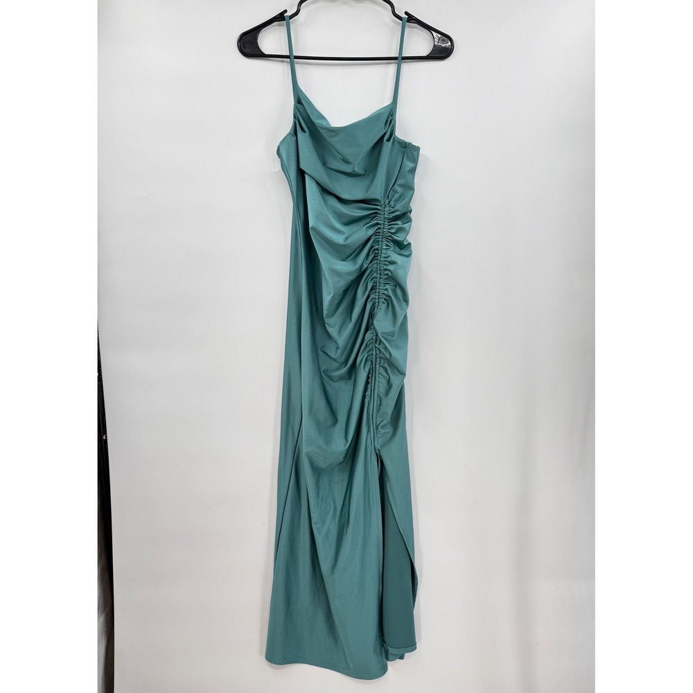 Liz & Sara Large Slip Dress Womens Teal Green Ruched Cowl Neck Side Slit Midi